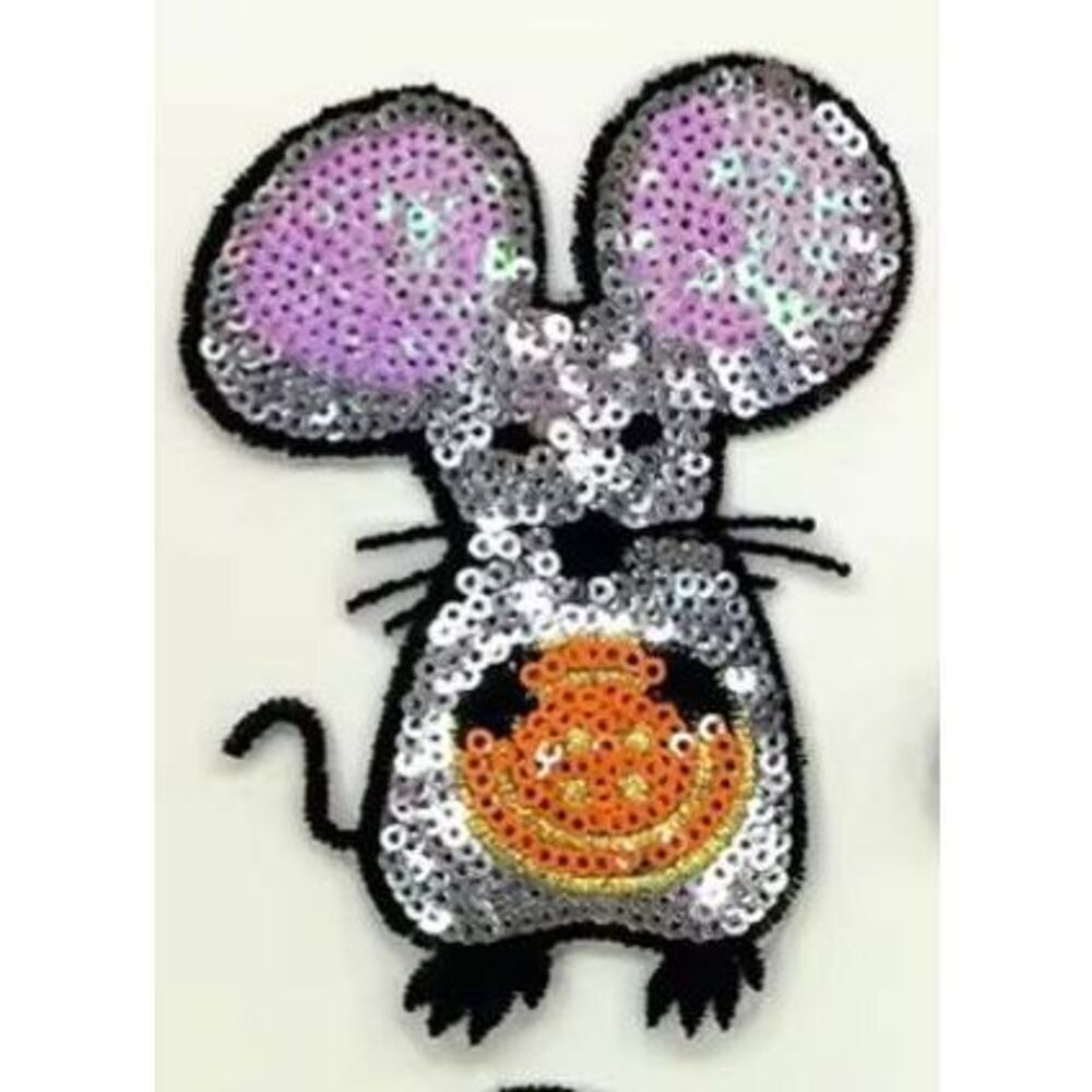 NWOT Iron-On Sequin Mouse Button Patch Applique 4in by 3in